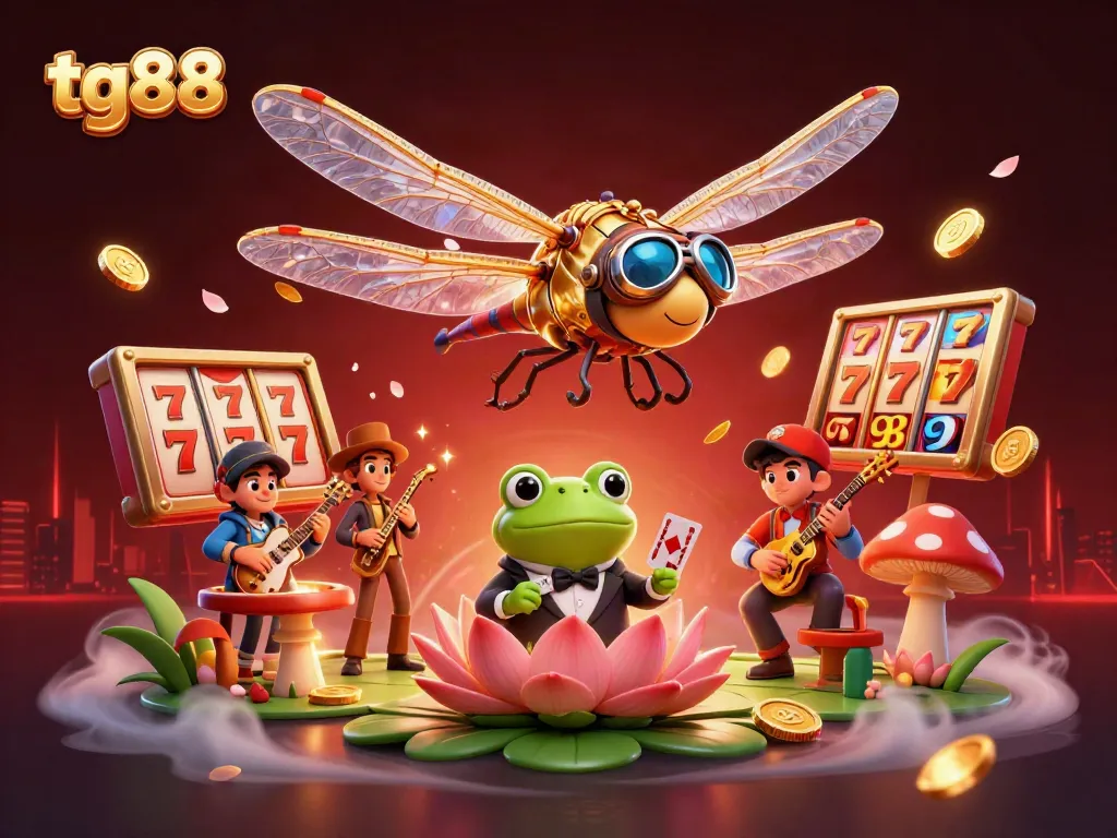 Engage with tg88's vibrant slot games and dynamic characters in a lively casino scene.