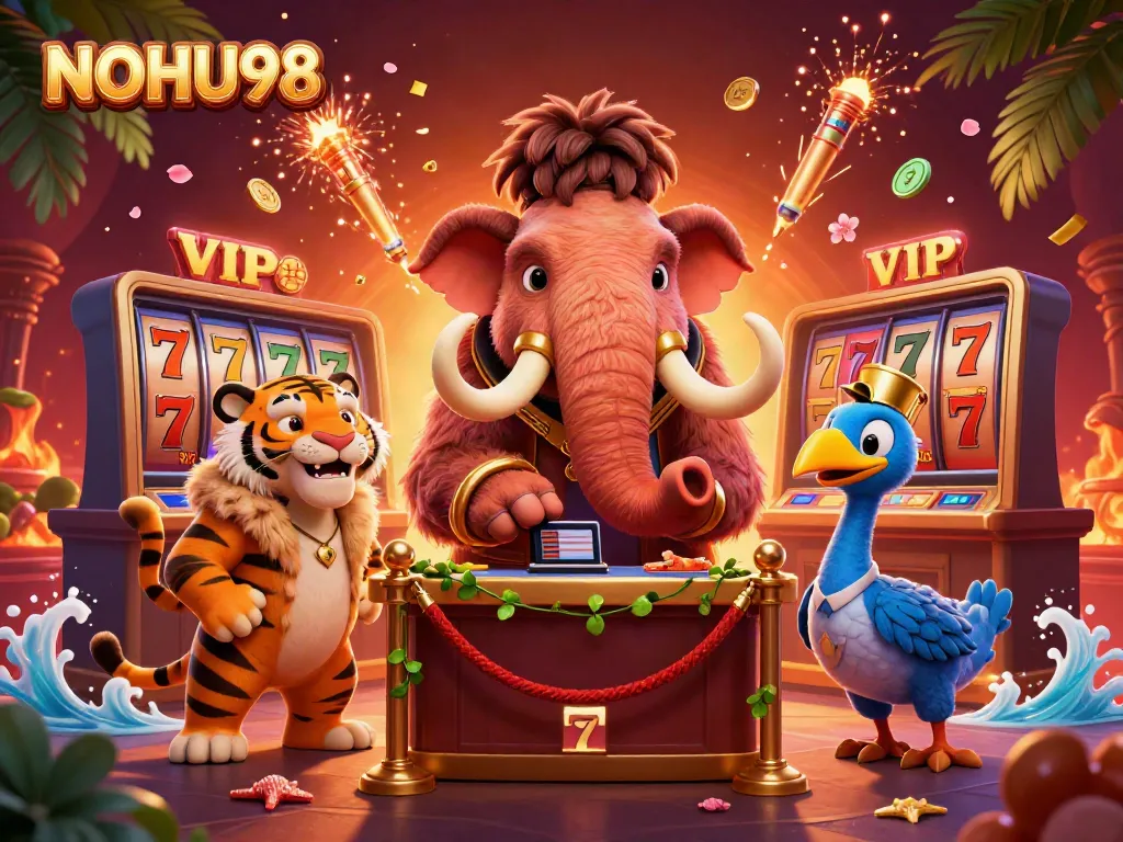 Experience thrilling gameplay in NOHU98 with a vibrant casino scene featuring 3D animals and slot machines.