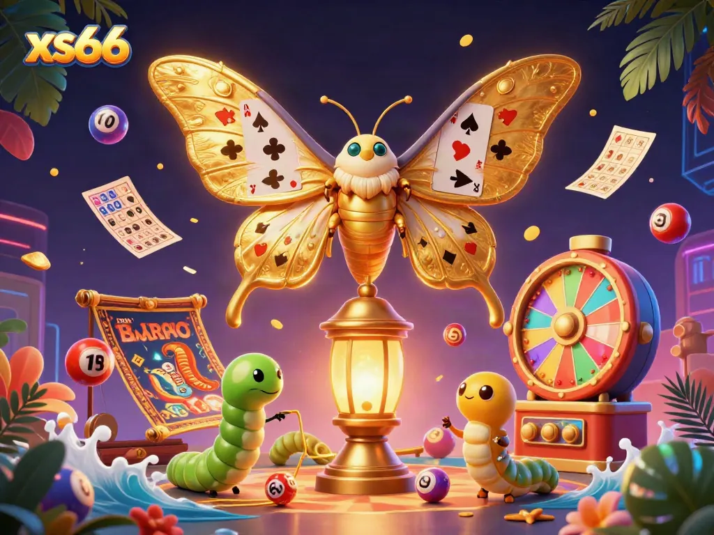 Engage with xs66's vibrant lottery scene featuring a cartoon moth and dynamic gaming elements.