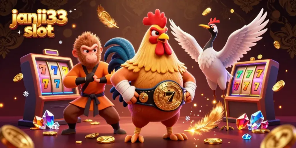 Slot gacor menarik dari janji33 slot, dengan simbol keberuntungan dan karakter yang menghidupkan suasana kasino.