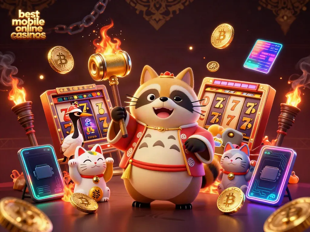 Engage with the best mobile online casinos through vibrant 3D illustration featuring tanuki, crane, and lucky cats.