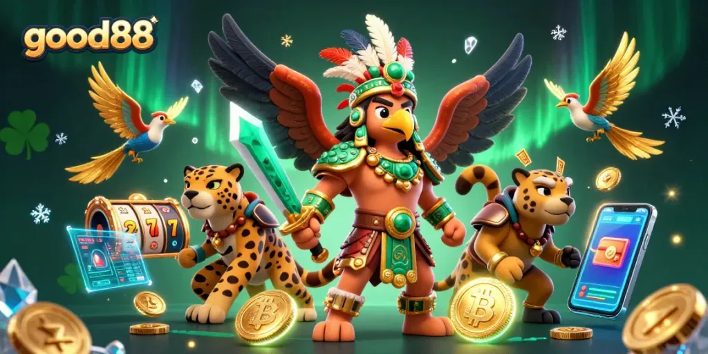 Spin the reels at Good88 with a vibrant 3D scene featuring slot reels, warriors, and crypto elements.