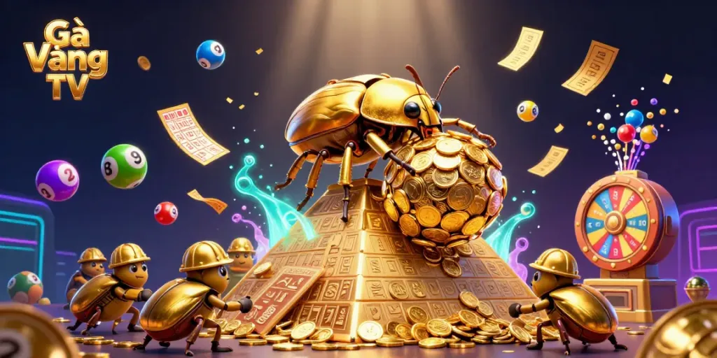 Experience winning strategies with Gà Vàng TV in an exciting lottery-themed scene.