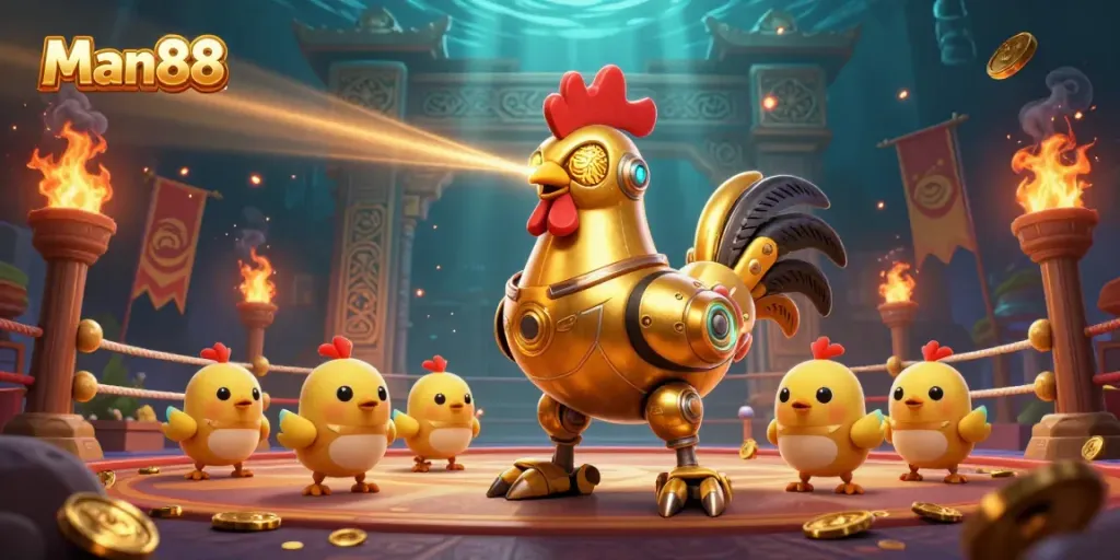 Experience thrilling gameplay at Man88 with a futuristic robot and baby chick drones in a vibrant gambling scene.