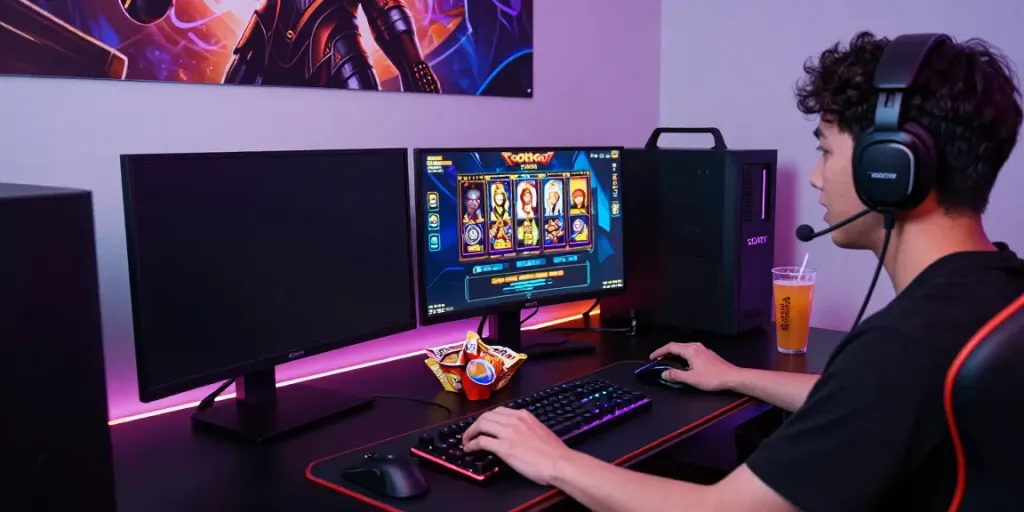 Exciting player engaging in slot gacor online gaming with vibrant graphics and dynamic atmosphere.