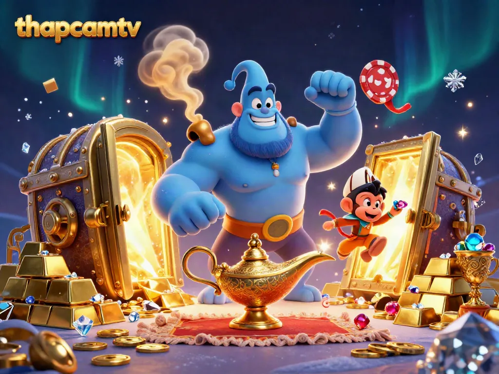Experience the thrill of thapcamtv with a vibrant 3D scene of a genie and poker chips, capturing the essence of online gambling.