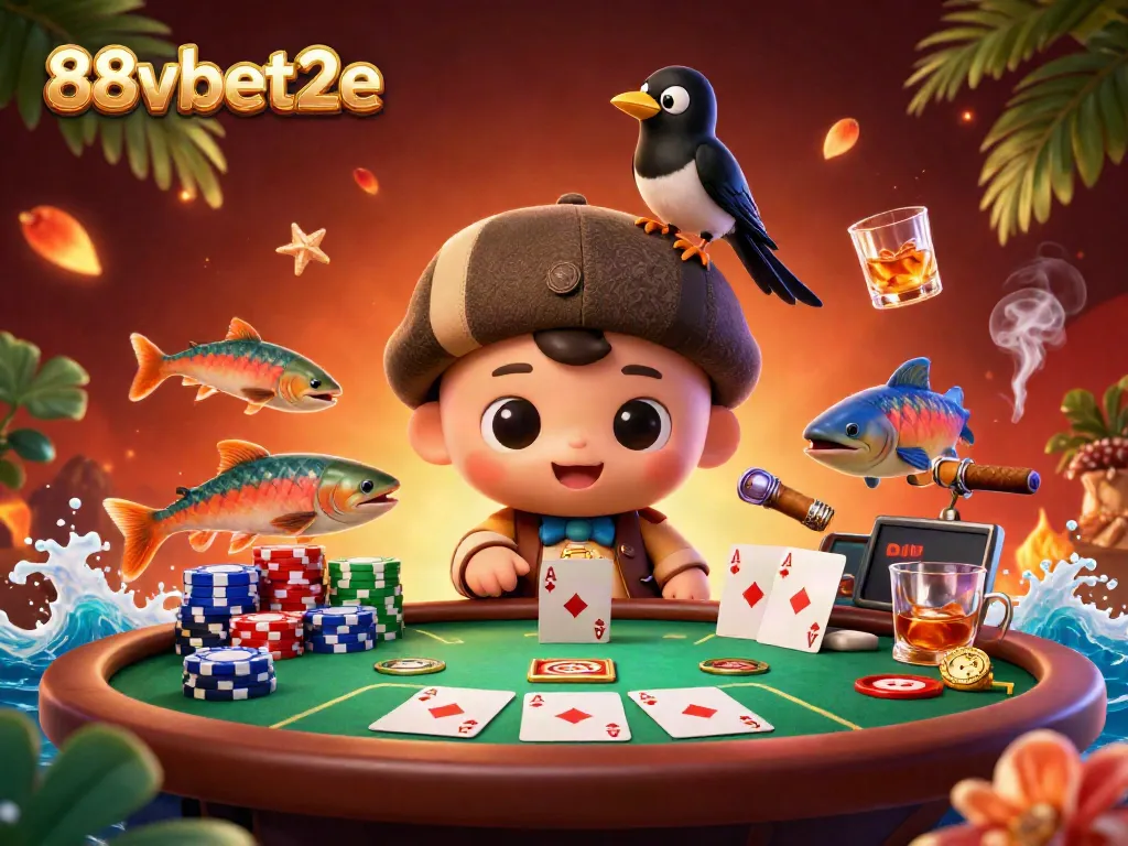 Experience exciting action at 88vbet2e with playful characters enjoying card games in a vibrant casino atmosphere.