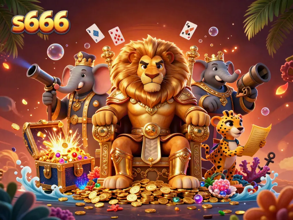 Experience thrilling gameplay at s666 with a vibrant casino scene featuring a lion king, wise elephant, and swift cheetah.