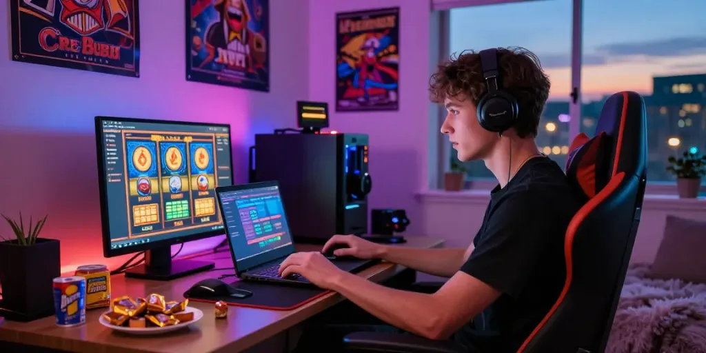 Engaged gamer playing slot game on laptop, colorful LED lighting, cozy atmosphere