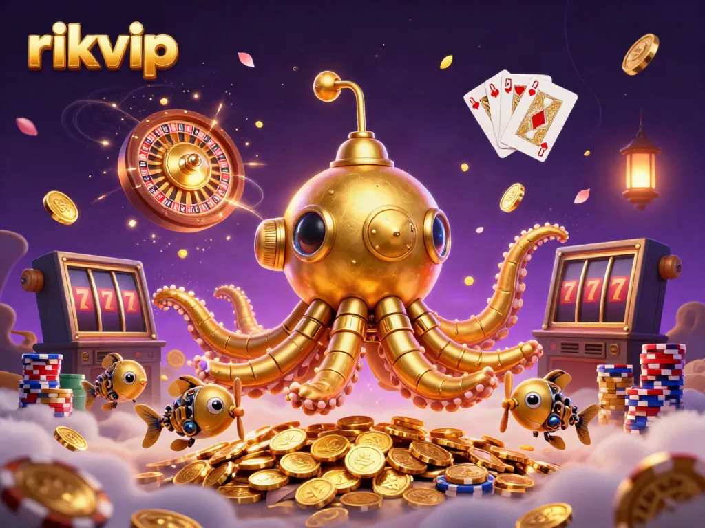 Experience the thrill of rikvip with a fantastical underwater scene showcasing a golden kraken submarine among cascading coins and casino elements.