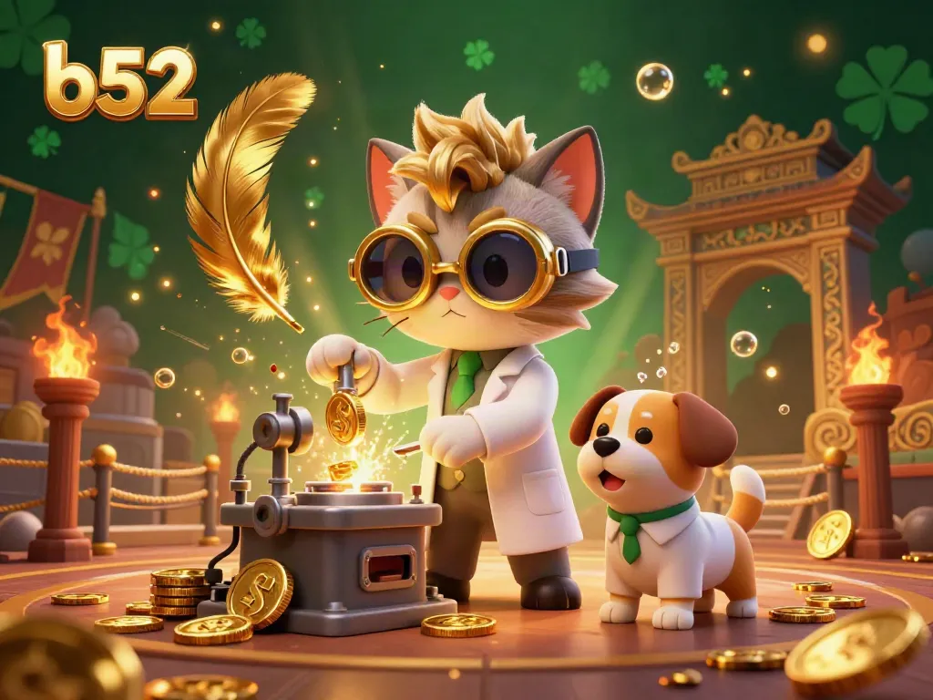 Engage with the b52 casino world featuring a mad scientist cat and dog amidst golden coins and dynamic elements.
