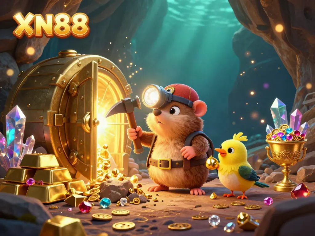 Experience thrilling wins with XN88 in a vibrant treasure-filled casino scene.