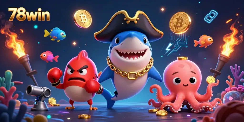 Experience thrilling fish shooting adventures with 78win's pirate shark, pufferfish, and octopus, holding coins!