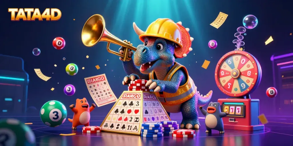 TATA4D shows a joyous 3D triceratops building poker chip pyramids with colorful elements surrounding in a vibrant casino scene.