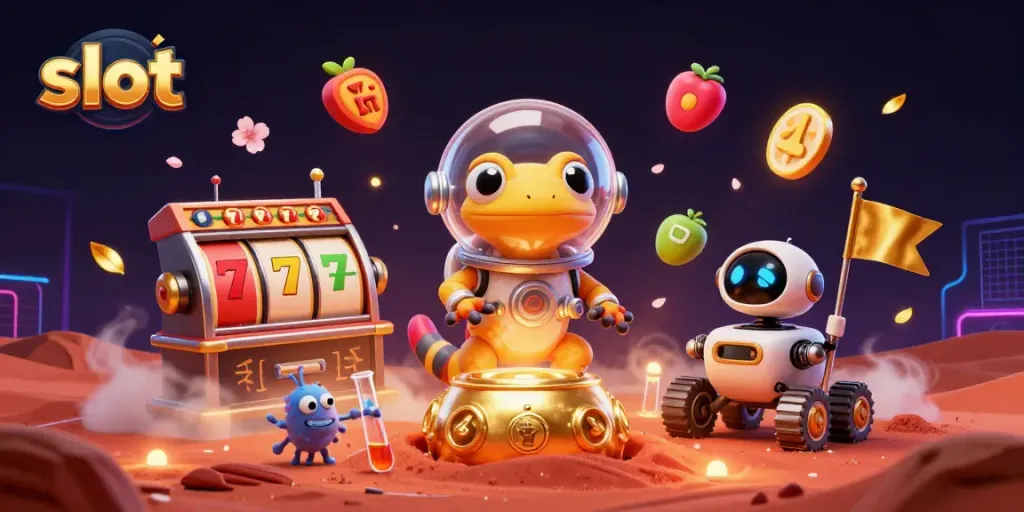 Engage with stunning slot-themed adventure featuring a Martian gecko amidst vibrant casino elements.