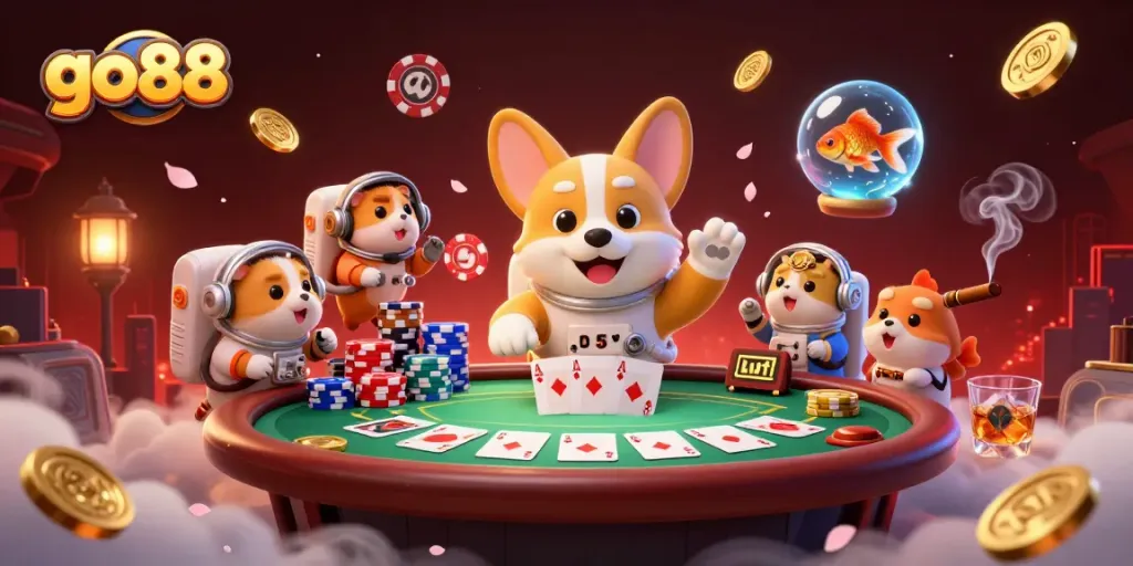 Experience excitement with go88 in a dynamic casino scene featuring a floating corgi and golden coins.