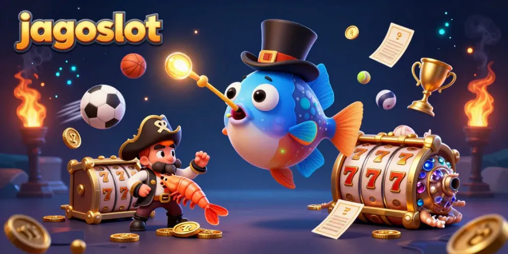 Jagoslot menyajikan ilustrasi animasi 3D yang menampilkan ikan pemancing mengumpulkan koin emas dan simbol jackpot.