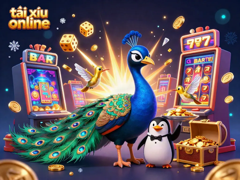 Experience the thrill of tài xỉu online with a vibrant, dynamic casino scene, featuring wealthy mascot characters amidst explosive jackpot action.