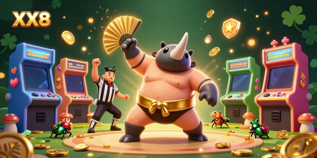 Win big with XX8 while a beetle champion sends coins flying in this lively casino scene.