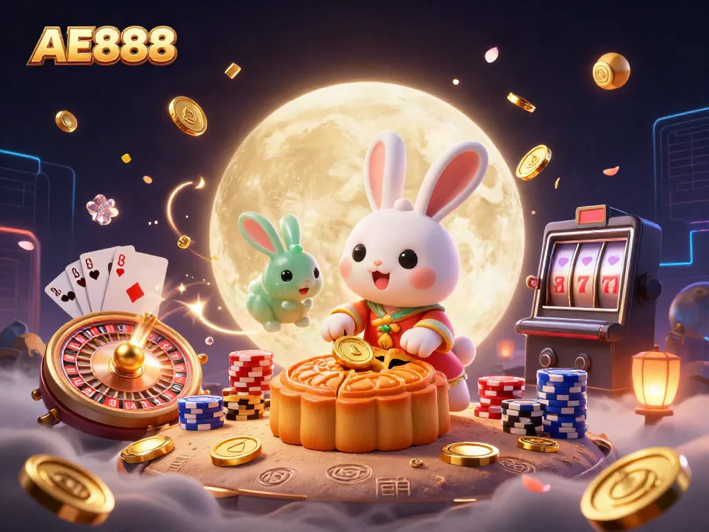 Experience the AE888 gaming excitement with a moon rabbit and captivating casino elements, enhancing the online casino vibe.