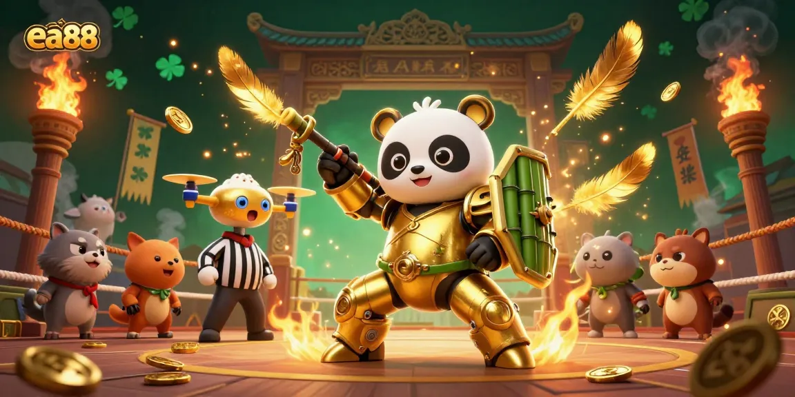 ea88 showcases a vibrant and detailed 3D illustration of a panda fighter in a gambling arena surrounded by gold.