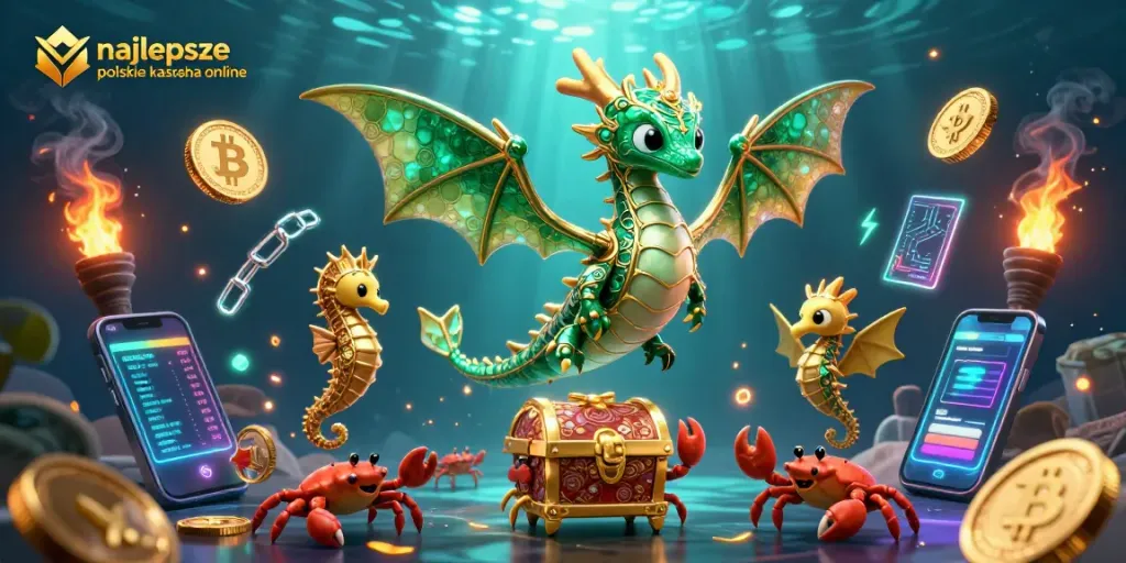 Engage with najlepsze polskie kasyna online in a vibrant underwater scene featuring a sea dragon and treasures.