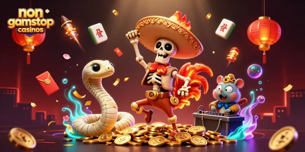 Experience non gamstop casinos excitement with a vibrant, lively scene of characters celebrating on golden coins.