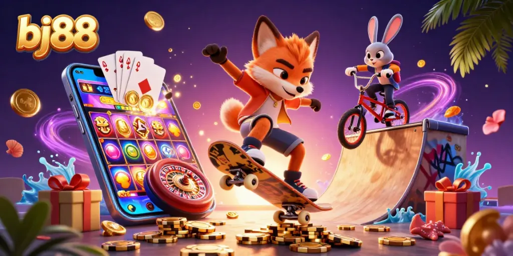 BJ88 betting inspired illustration with a skateboarder fox and BMX rabbit showcasing vibrant casino elements.