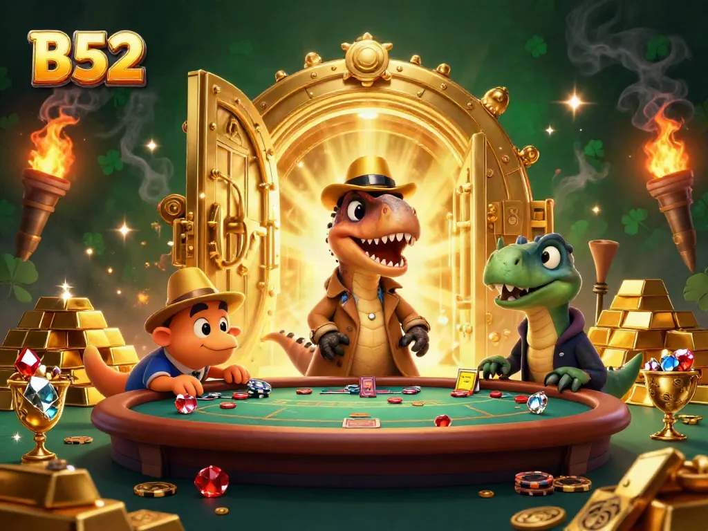 B52 casino scene with velociraptor card counter, stegosaurus pit boss, and treasure elements