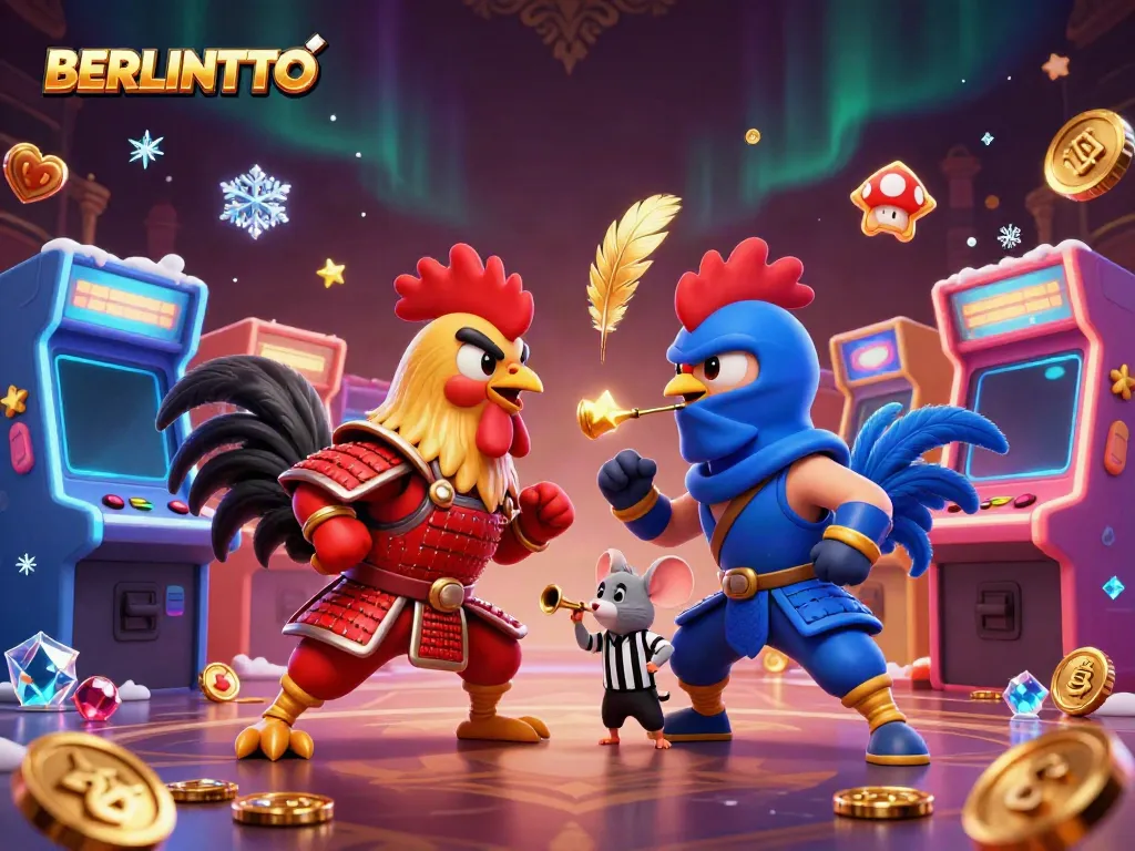 Engage with the thrilling standoff of cartoon roosters symbolizing BERLINTOTO’s exciting casino experience.
