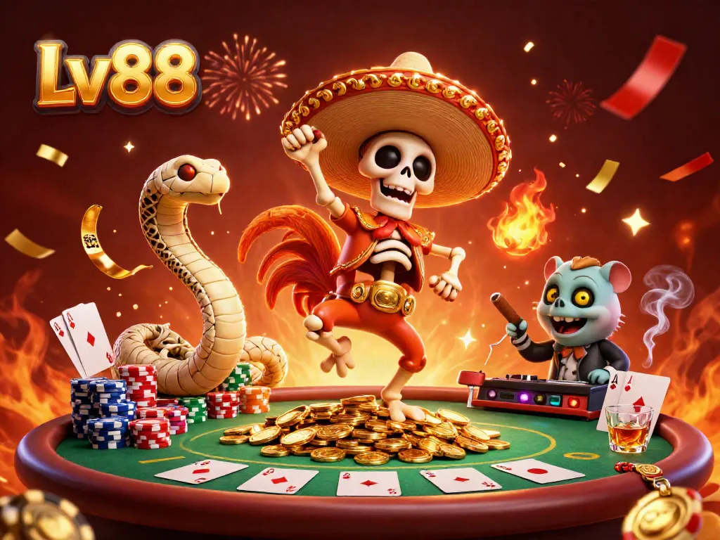 Celebrate wins at Lv88 with a vibrant 3D illustration of a mariachi rooster, mummy snake, and DJ hamster.