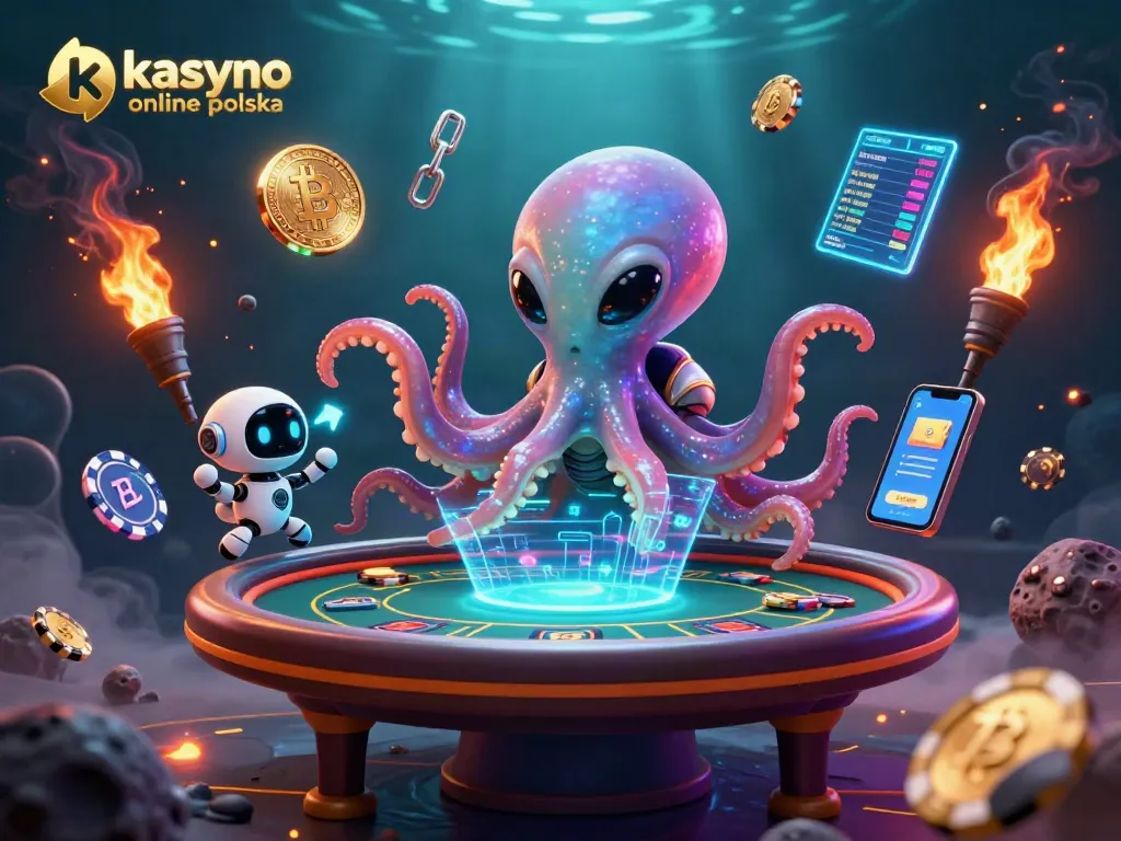Engage with kasyno online polska through a vibrant alien-themed 3D poker scene showcasing unique characters and crypto elements.