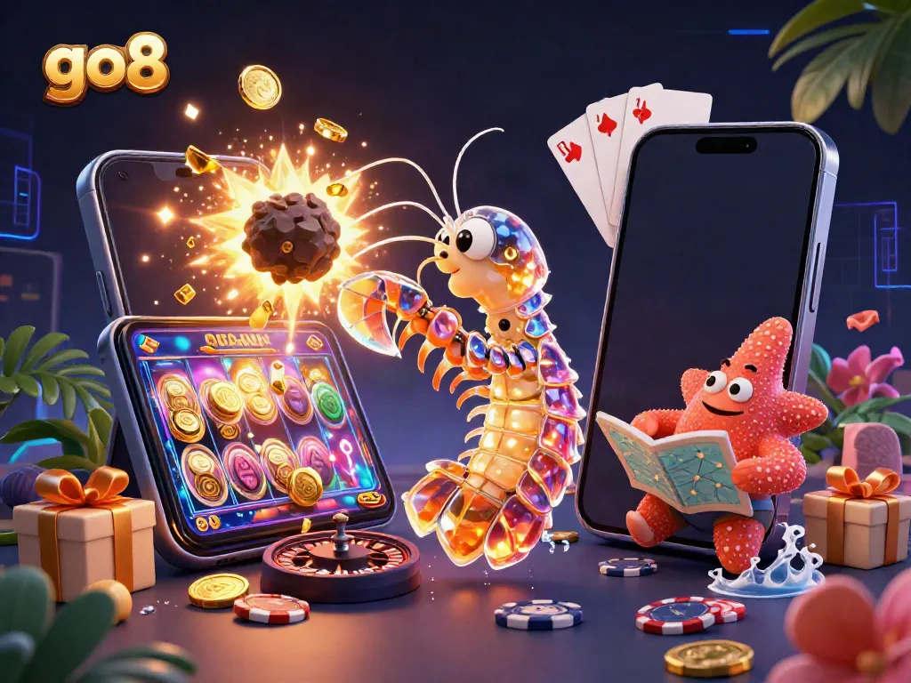 Experience the excitement of go8 casino with a dynamic 3D representation of an explosion of treasures from a galactic-themed slot game.