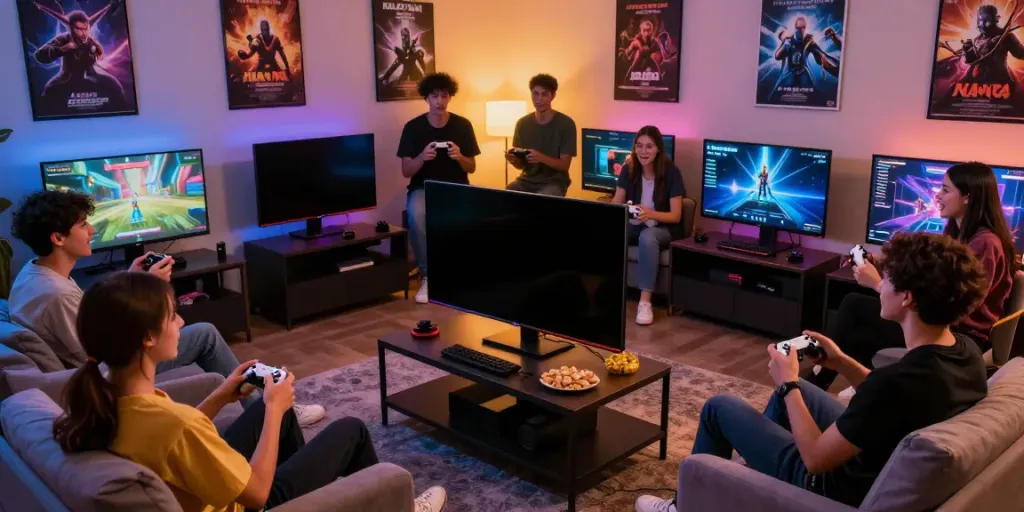 Group of friends playing games on KILAT404 platform in a vibrant living room setting.