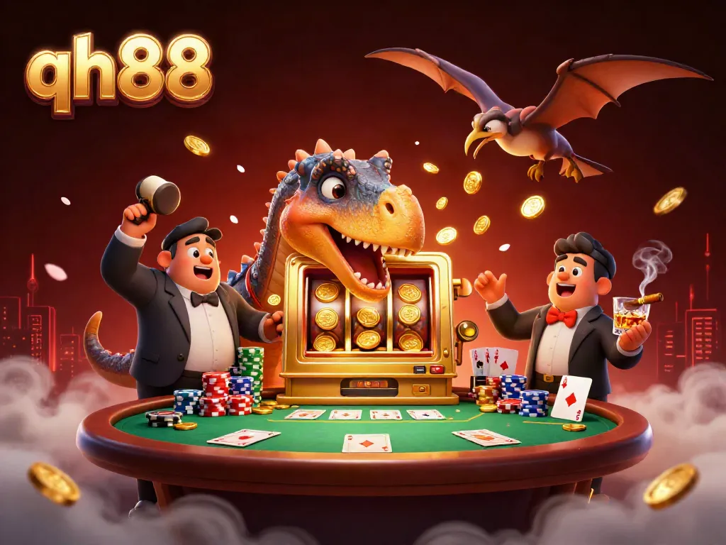 Experience the excitement of qh88 with a dynamic scene featuring a dinosaur and a slot machine in a vibrant casino setting.