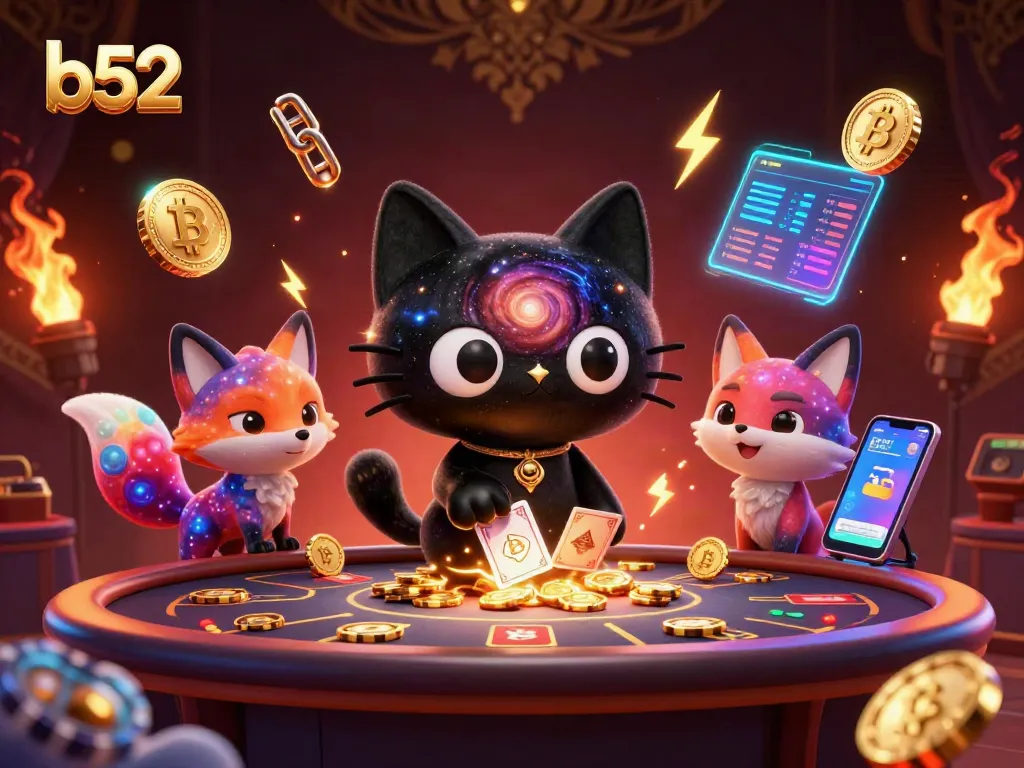 Engage in thrilling B52 casino action with a cosmic cat duo at a vibrant game table.