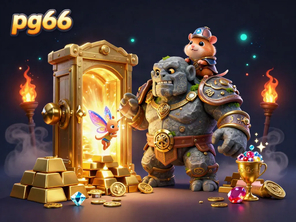 Experience the excitement of pg66 with a golem guardian, magical fairy, and hamster knight among treasures.
