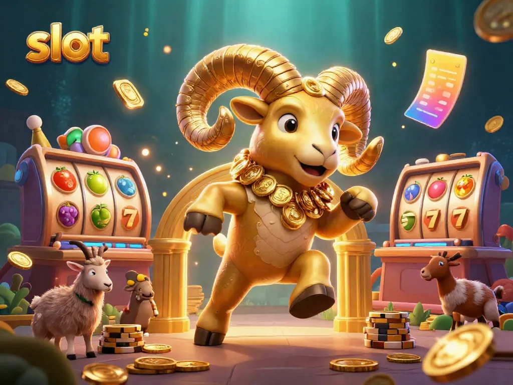 Spin the slot reels with a golden ram charging through golden gates, showcasing vibrant jackpot symbols.