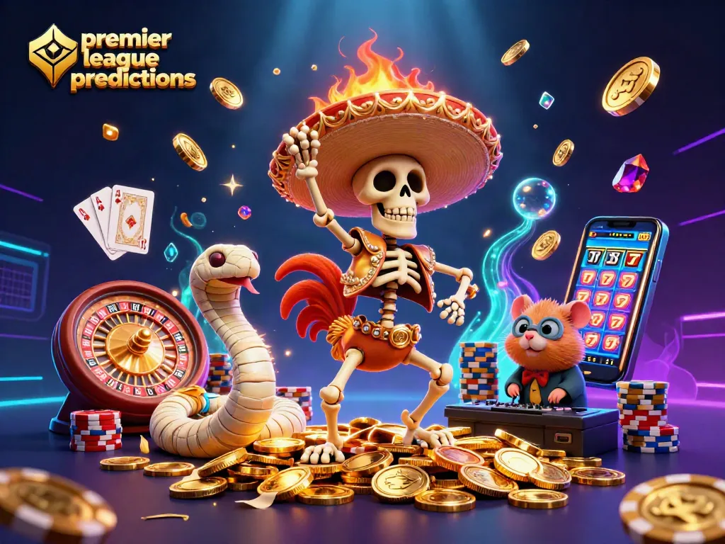 Bet on premier league predictions with vibrant casino characters celebrating a win.