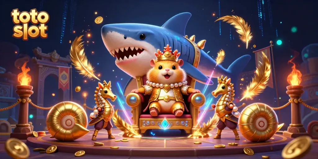 Memainkan slot toto slot dengan koin emas dan simbol keberuntungan bercahaya di arena pertarungan