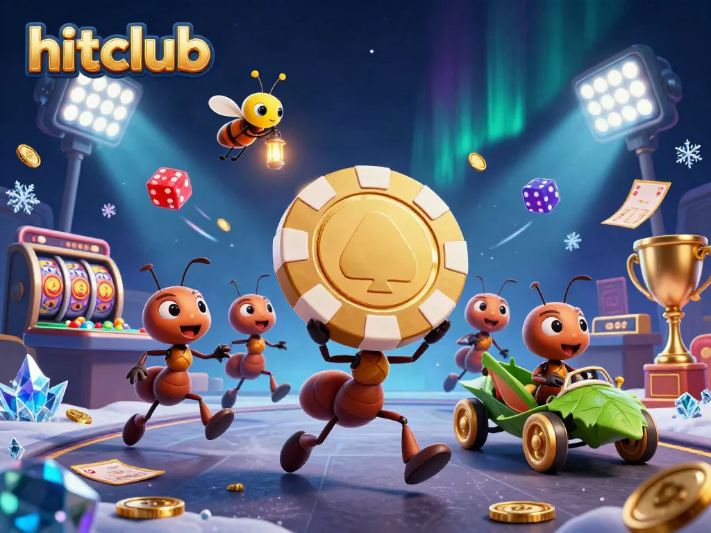 Engaging hitclub scene with cartoon ants heisting a golden poker chip amidst casino elements.