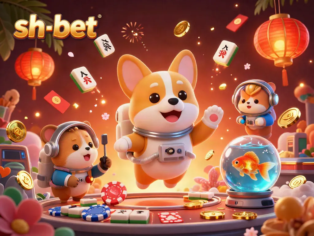 Experience excitement at sh-bet with a playful astronaut corgi and vibrant casino elements.