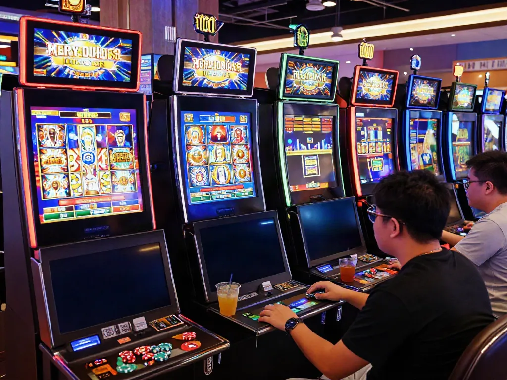 Engaged players enjoying slot Thailand games in a vibrant casino setting.