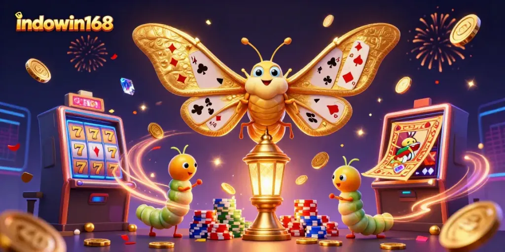 Spin the reels with indowin168 atop a vibrant casino scene filled with golden wins and excitement.