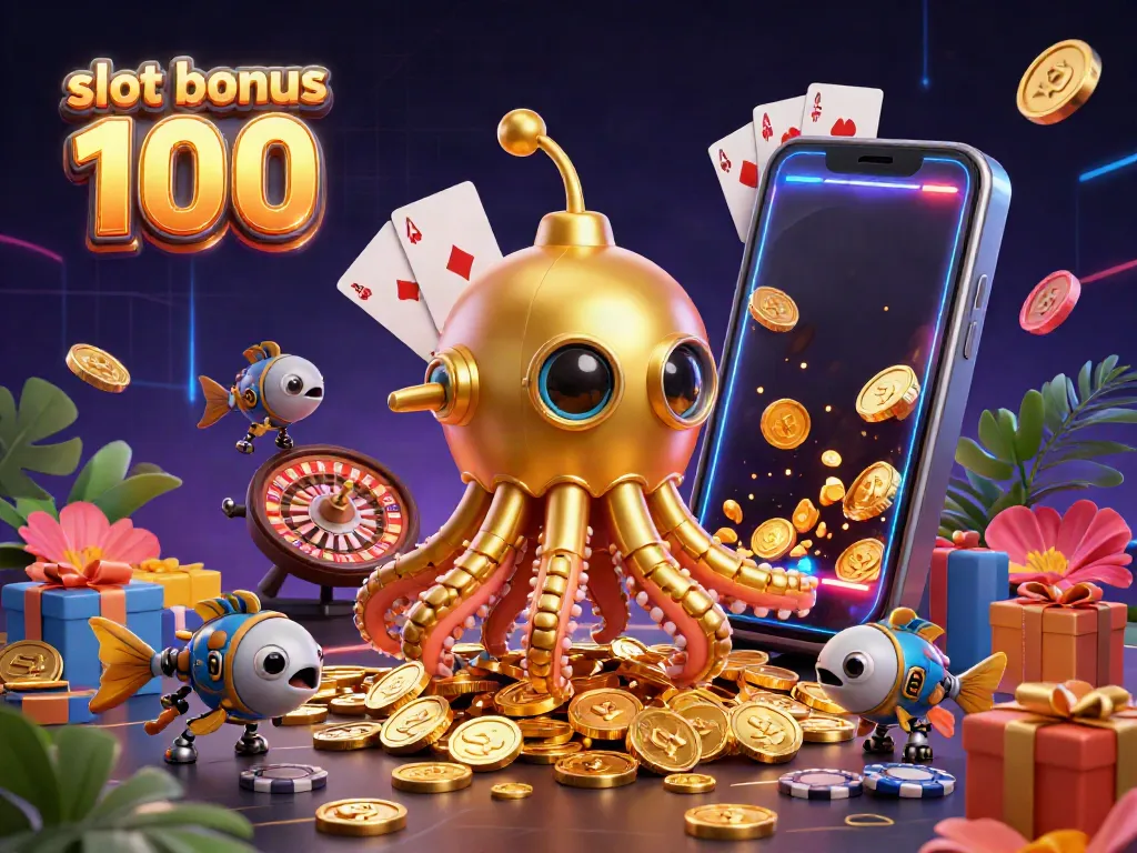 Experience thrilling gameplay with slot bonus 100 as the golden kraken submarine emerges from coins in a vibrant casino setting.