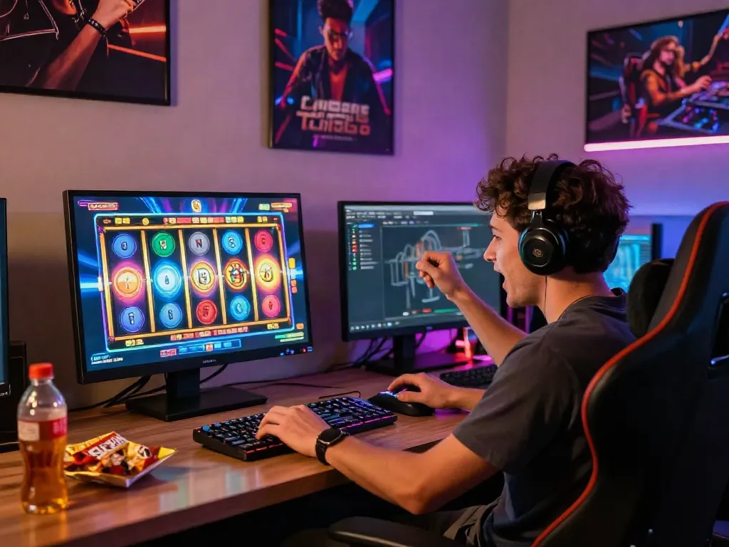 ASLOTRE: Pengguna sedang memainkan mesin slot digital dengan semangat dan suasana gaming yang energik.