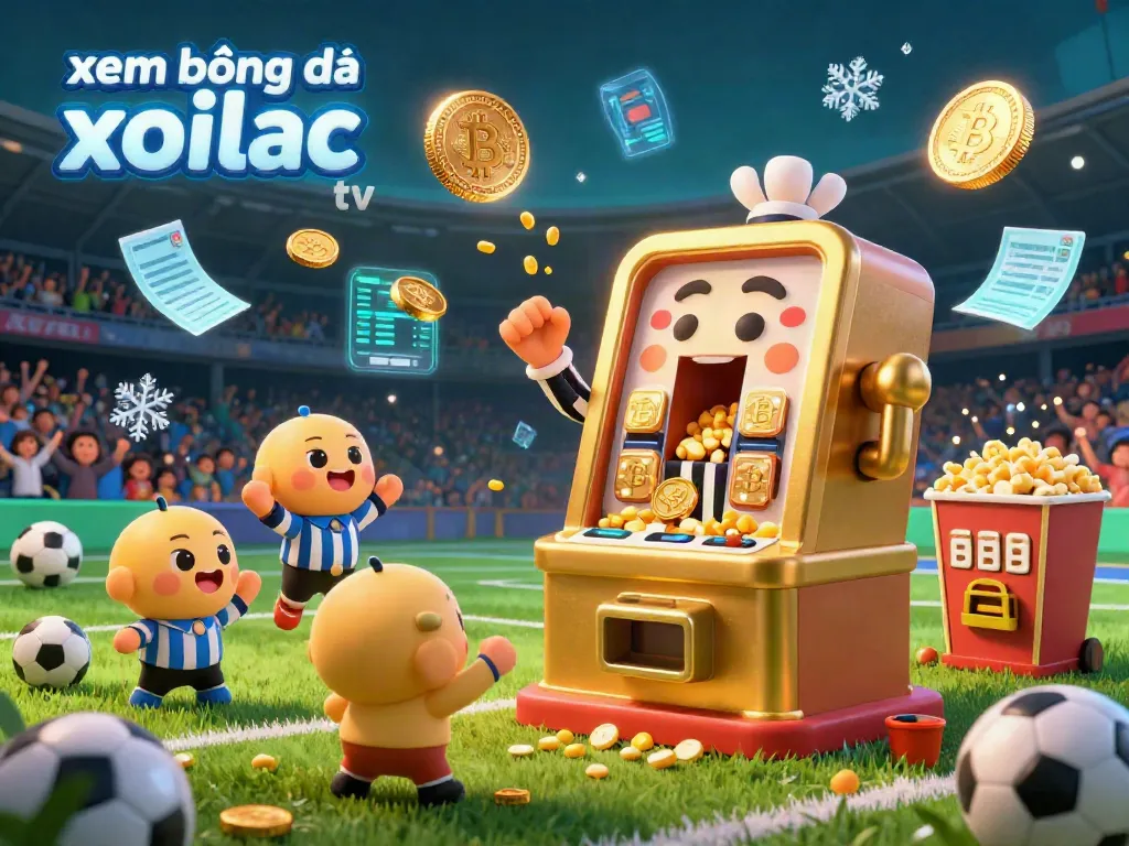 Xem bóng đá xoilac tv captures an animated sports betting scene with a slot machine celebrating a winning goal amidst soccer-themed elements.
