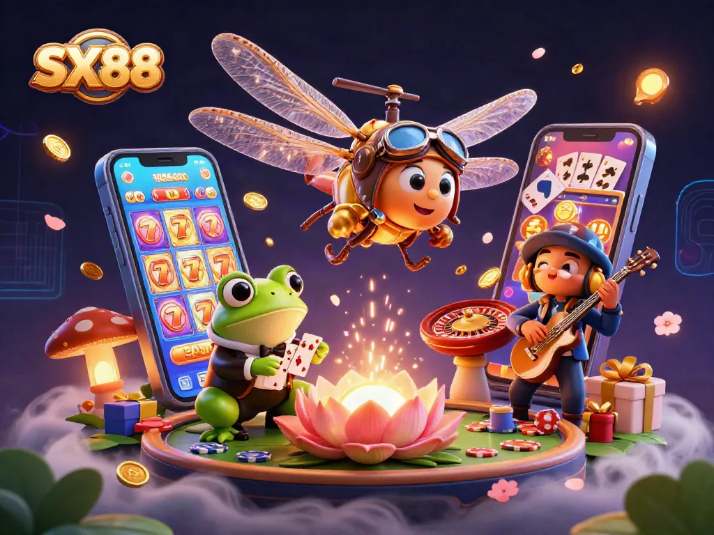 SX88 casino scene with a dragonfly pilot, frog croupier, and cricket musicians playing jazz
