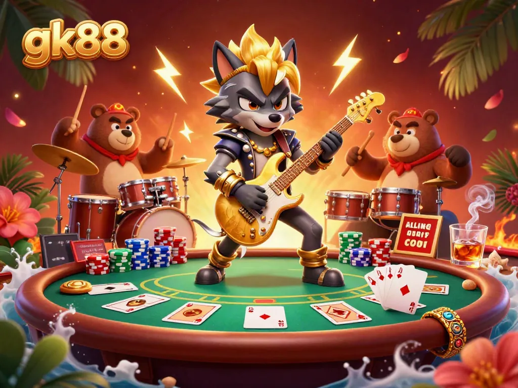 Engage in thrilling gameplay with gk88 at a casino stage featuring a wolf guitarist and drummer bear.