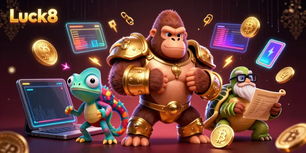 Experience the excitement of Luck8 with a vibrant 3D illustration featuring a powerful gorilla king and rich casino elements.